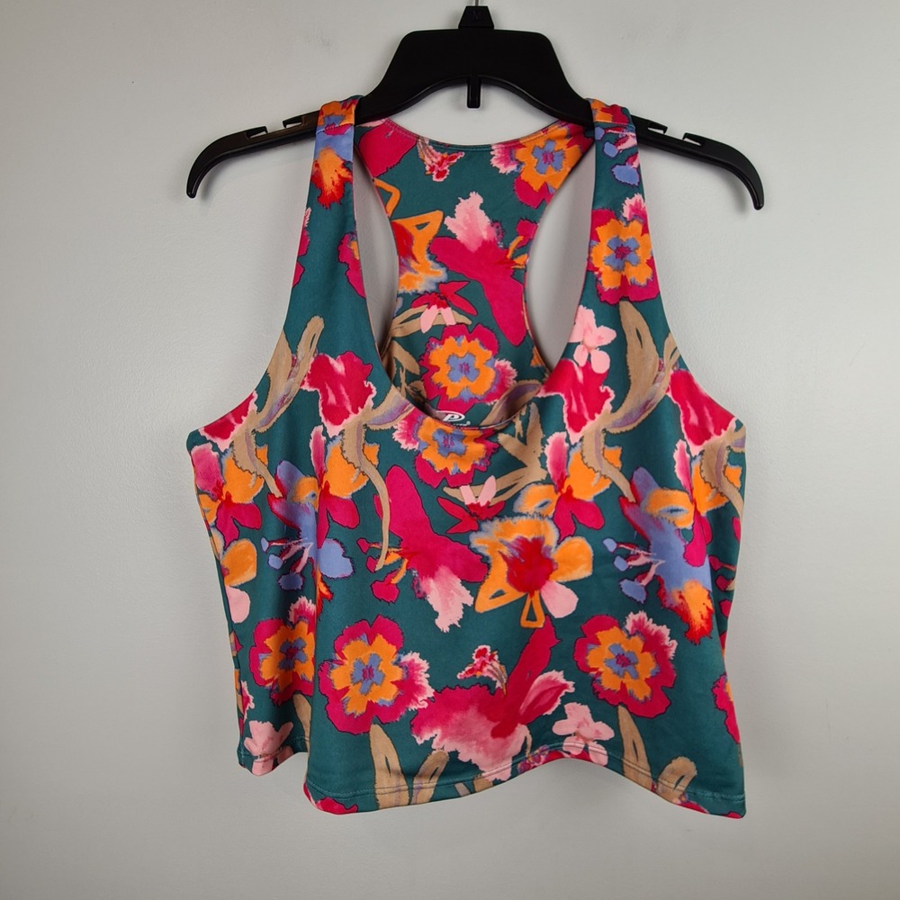 Pro Player Womens 2X Floral Racerback Tank Top Teal Pink Wicking Crop Activewear